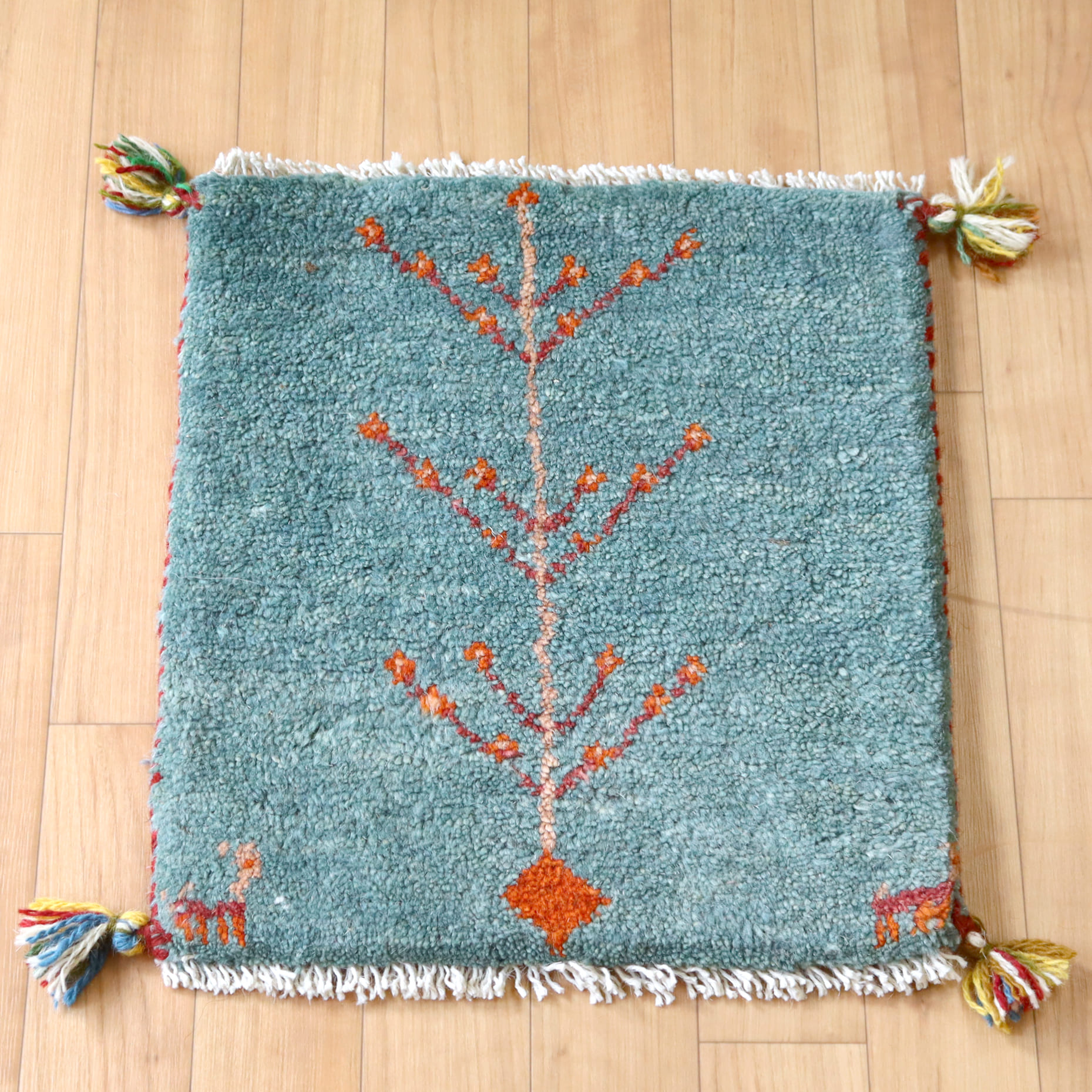 ギャッベ イラン産 座布団サイズ  ブルー　生命の樹