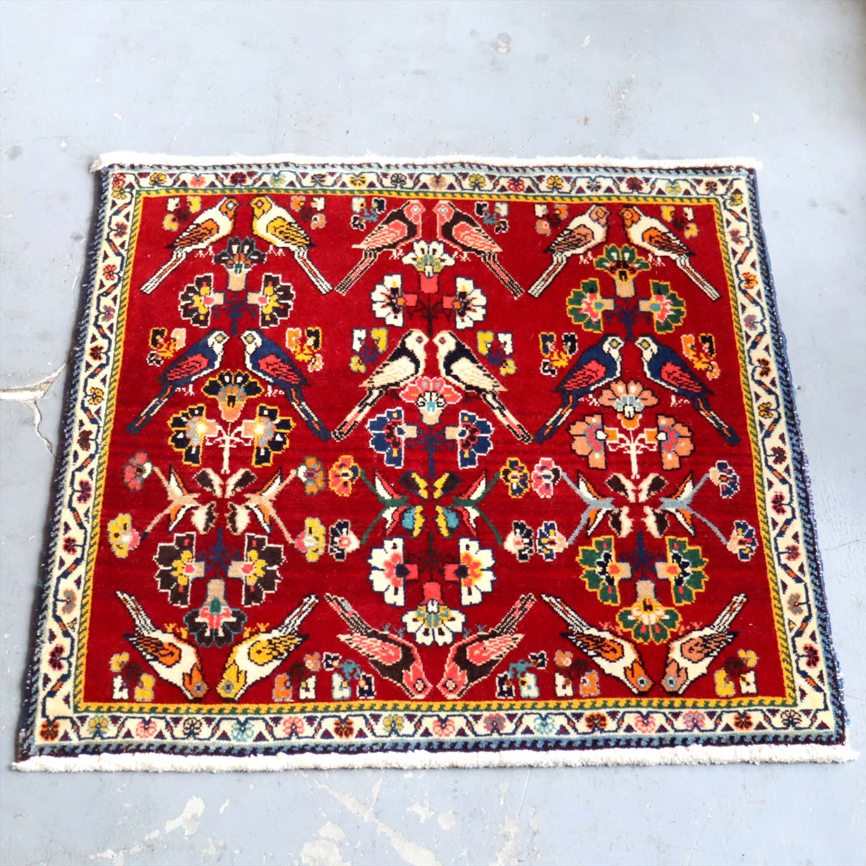 ポシュティ イラン カシュカイ族 遊牧民の手織りラグ 65×65cm レッド 鳥と花のデザイン