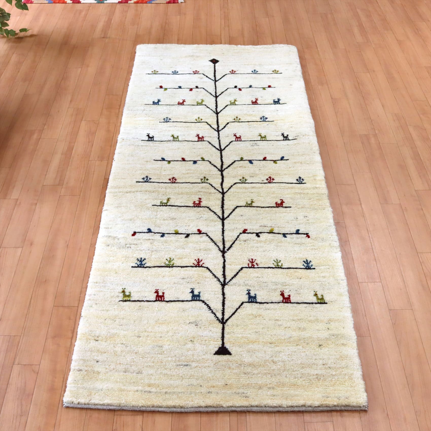 イラン産ギャッベ ノマド 細長ランナー203×80cm 生命の樹　動物モチーフ